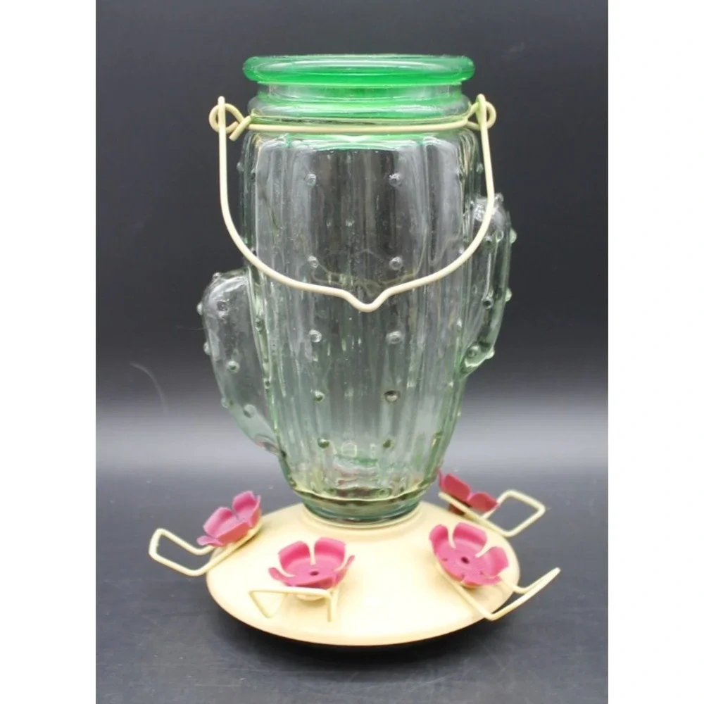 Perky-Pet Cactus Glass Hummingbird Feeder Top Fill Green Jar Pink Flower Ports
